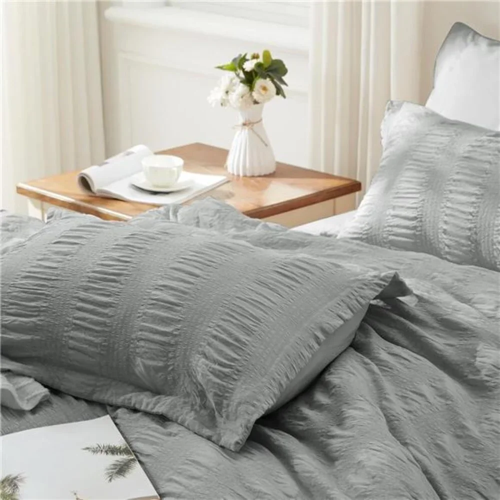 New Full Comforter Set 7 Pieces, Grey Seersucker Bed in a Bag with Comforter